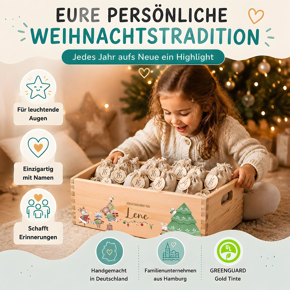 Adventskalender zum Befüllen "Tiere und Weihnachtsbaum" personalisiert