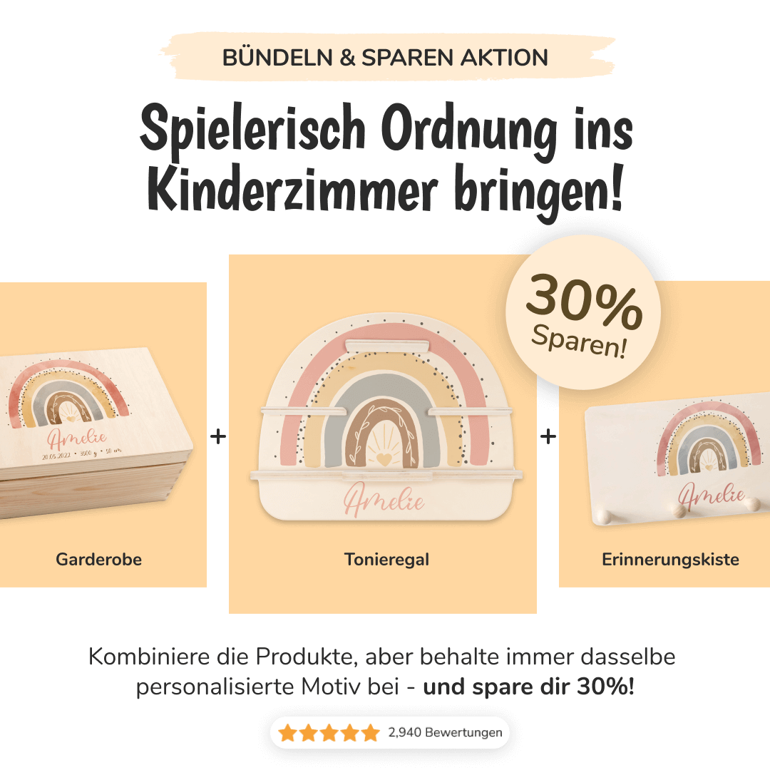 detailansicht des personalisierten regenbogen-bundles mit namen