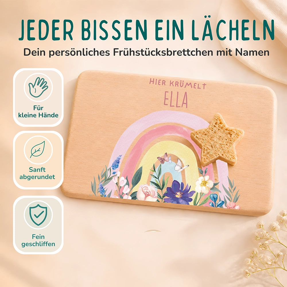 Frühstücksbrettchen Holz personalisiert - Blumen Regenbogen