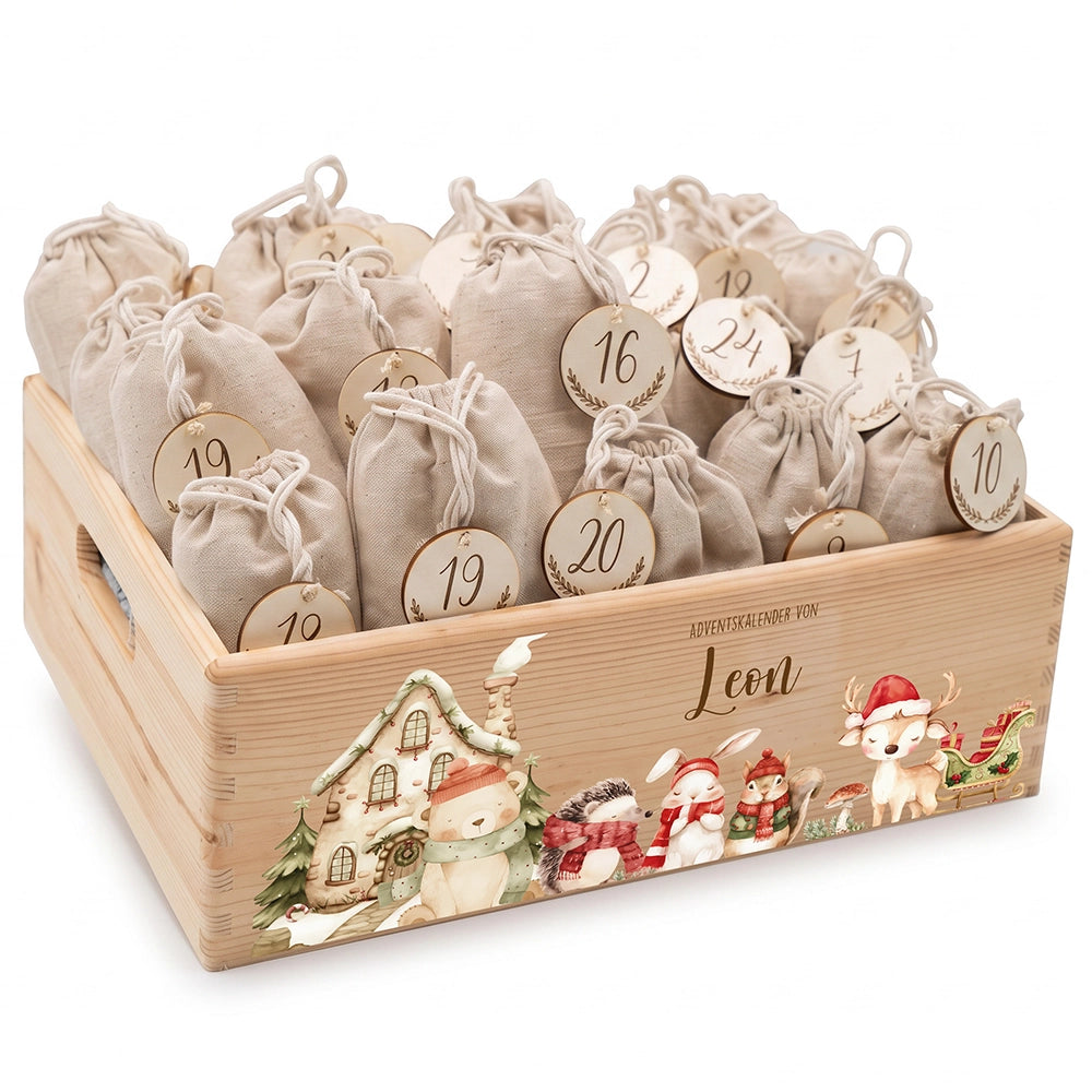 Adventskalender zum Befüllen "Winterdorf mit Tieren" personalisiert