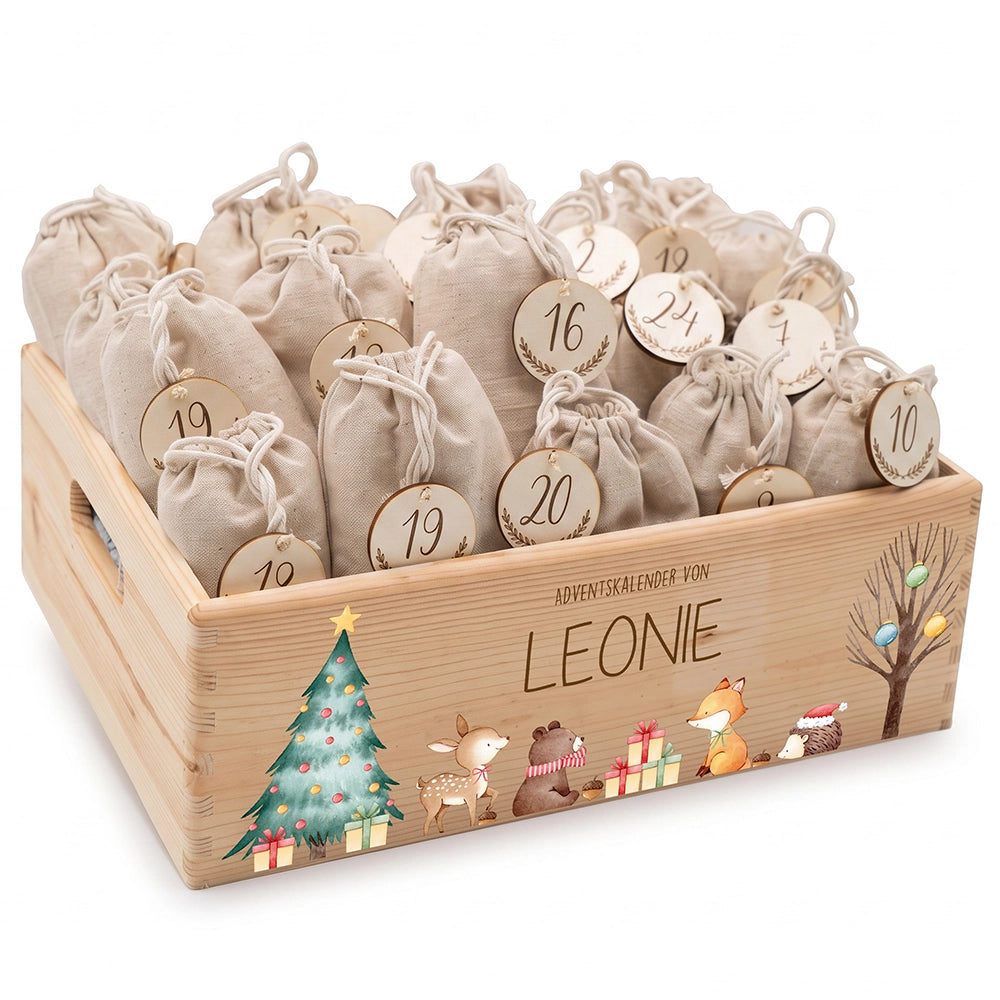 Adventskalender zum Befüllen "Waldtiere um den Weihnachtsbaum" personalisiert