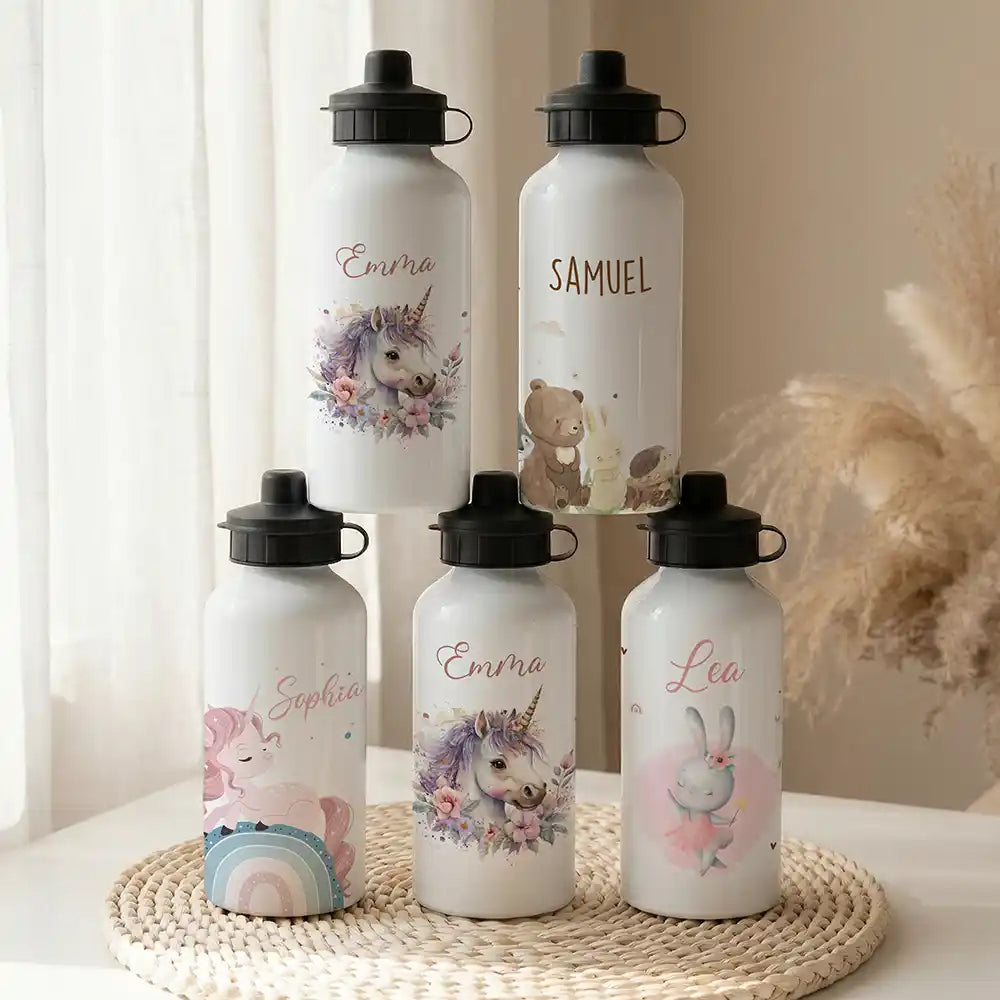 Personalisierte Trinkflasche Kinder Einhorn Blumenkranz – Alu 500 ml weiß mit Namen
