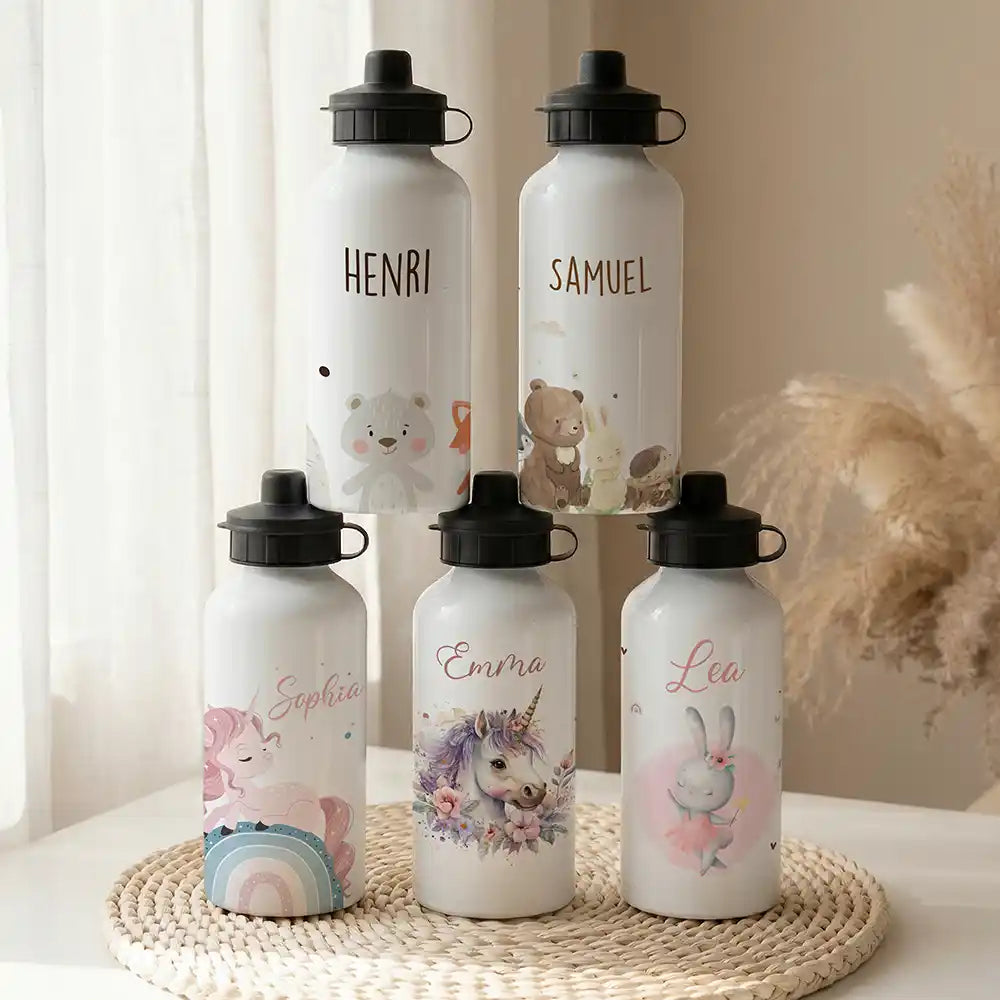 Personalisierte Trinkflasche Kinder Bär & Fuchs – Alu 500 ml weiß mit Namen