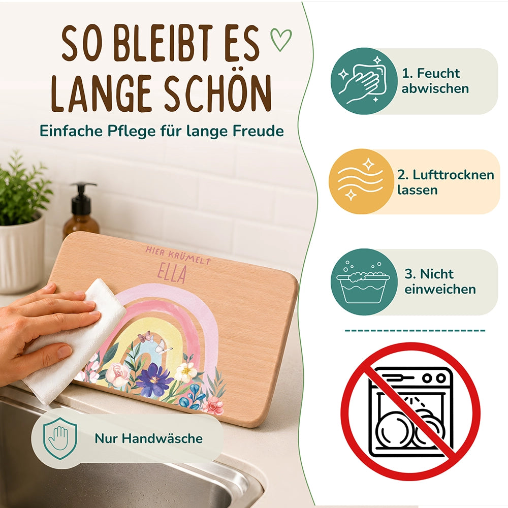 Frühstücksbrettchen Holz personalisiert - Blumen Regenbogen