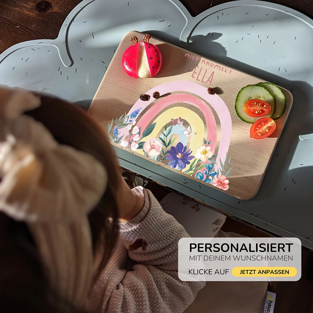 Frühstücksbrettchen Holz personalisiert - Blumen Regenbogen
