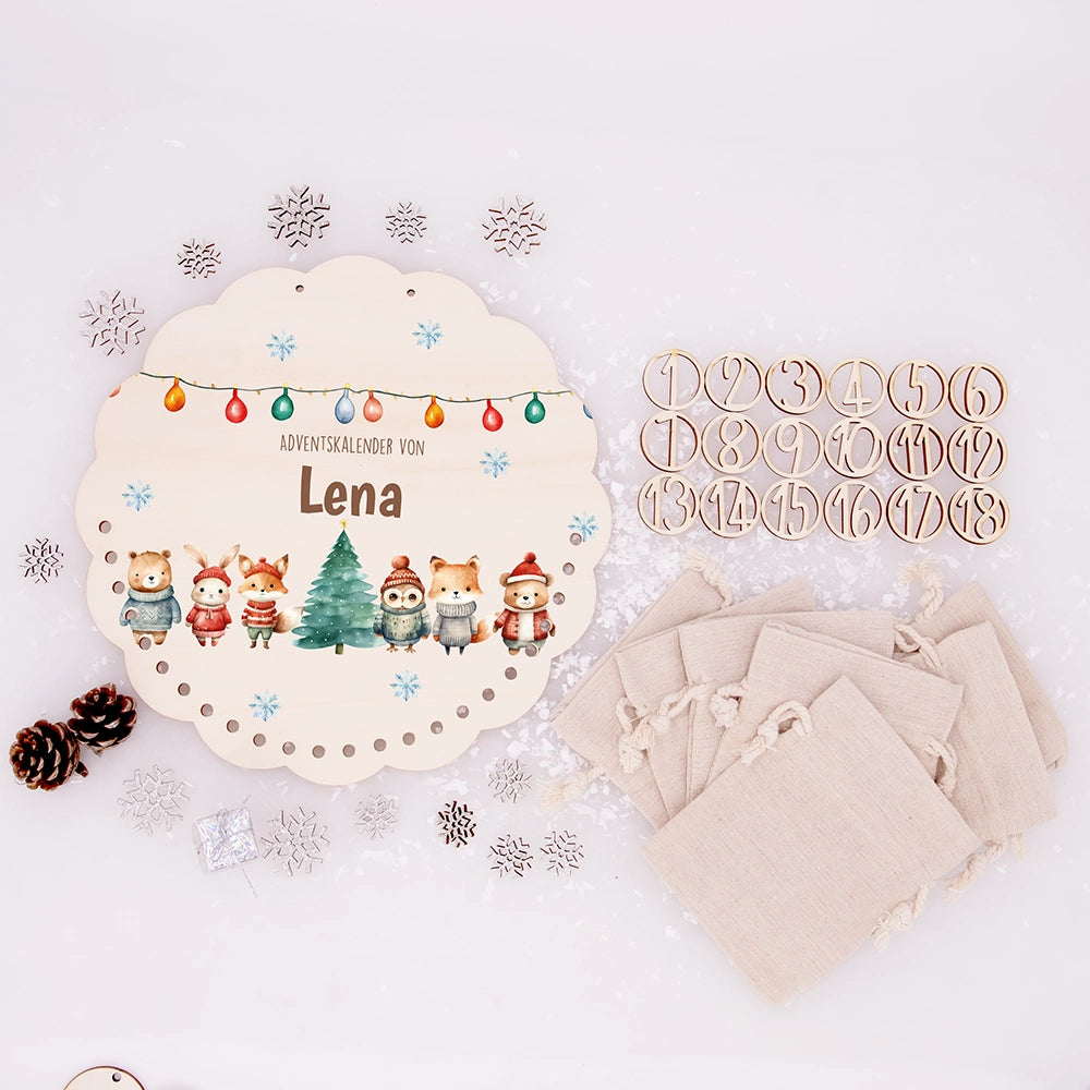 Personalisierter runder Adventskalender Kinder aus Holz  - Niedliche Waldfreunde