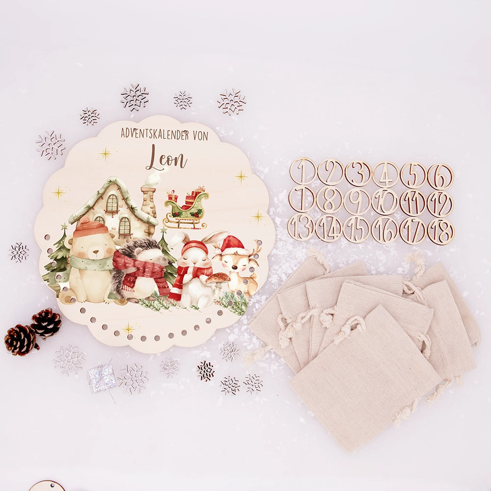 Personalisierter runder Adventskalender Kinder aus Holz  - Waldtiere im Winterzauber