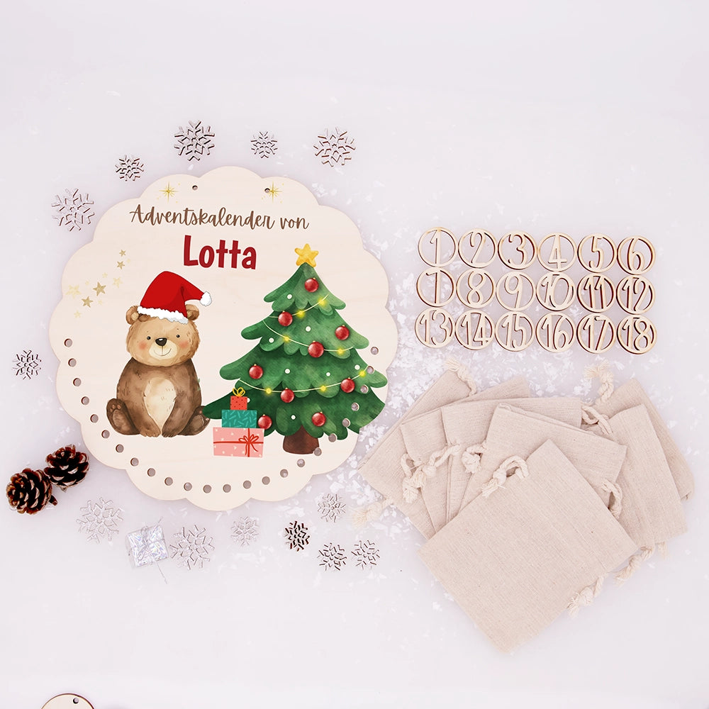 Personalisierter runder Adventskalender Kinder aus Holz  - Weihnachtsbär