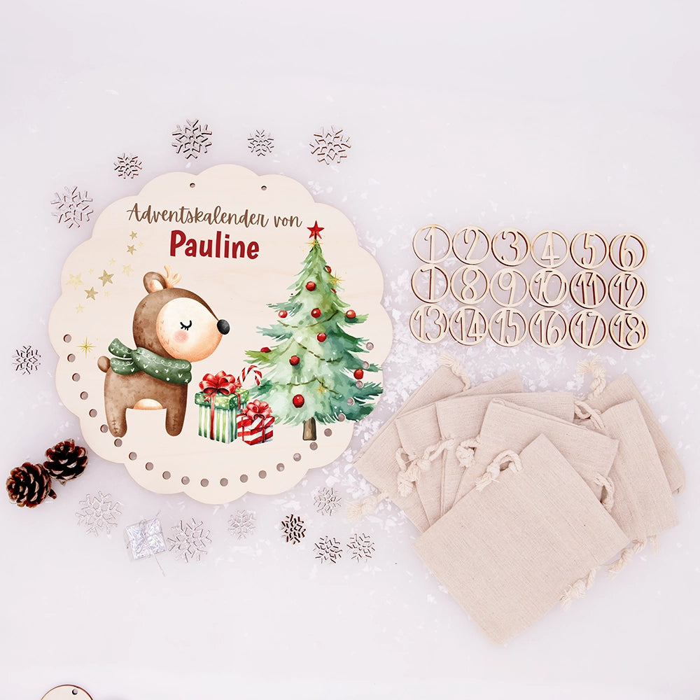 Personalisierter runder Adventskalender Kinder aus Holz  - Baby Reh
