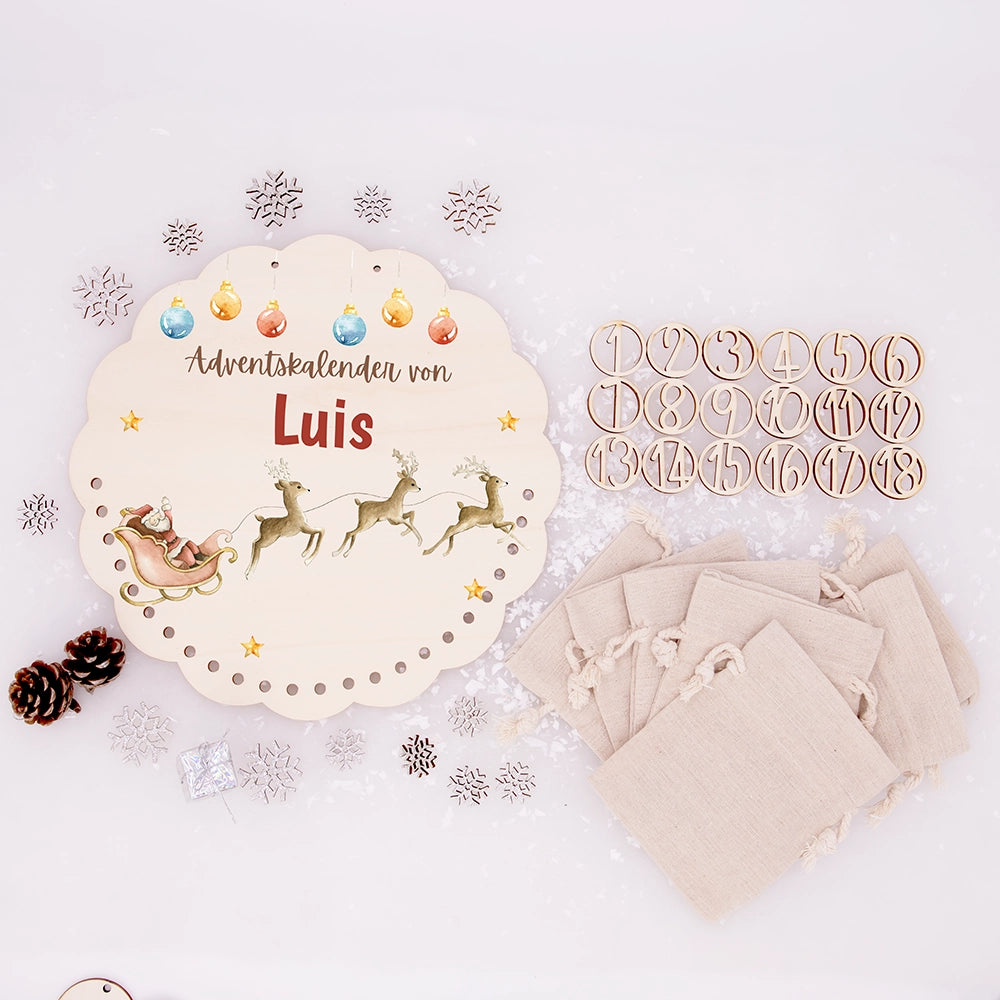 Personalisierter runder Adventskalender Kinder aus Holz  - Rentiere