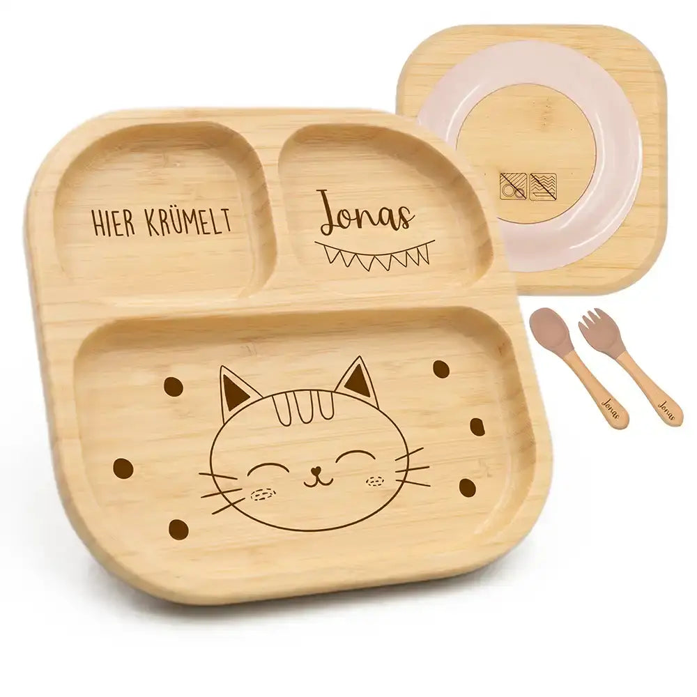 Kinderteller mit Saugnapf personalisiert mit Namen - Katze Motiv