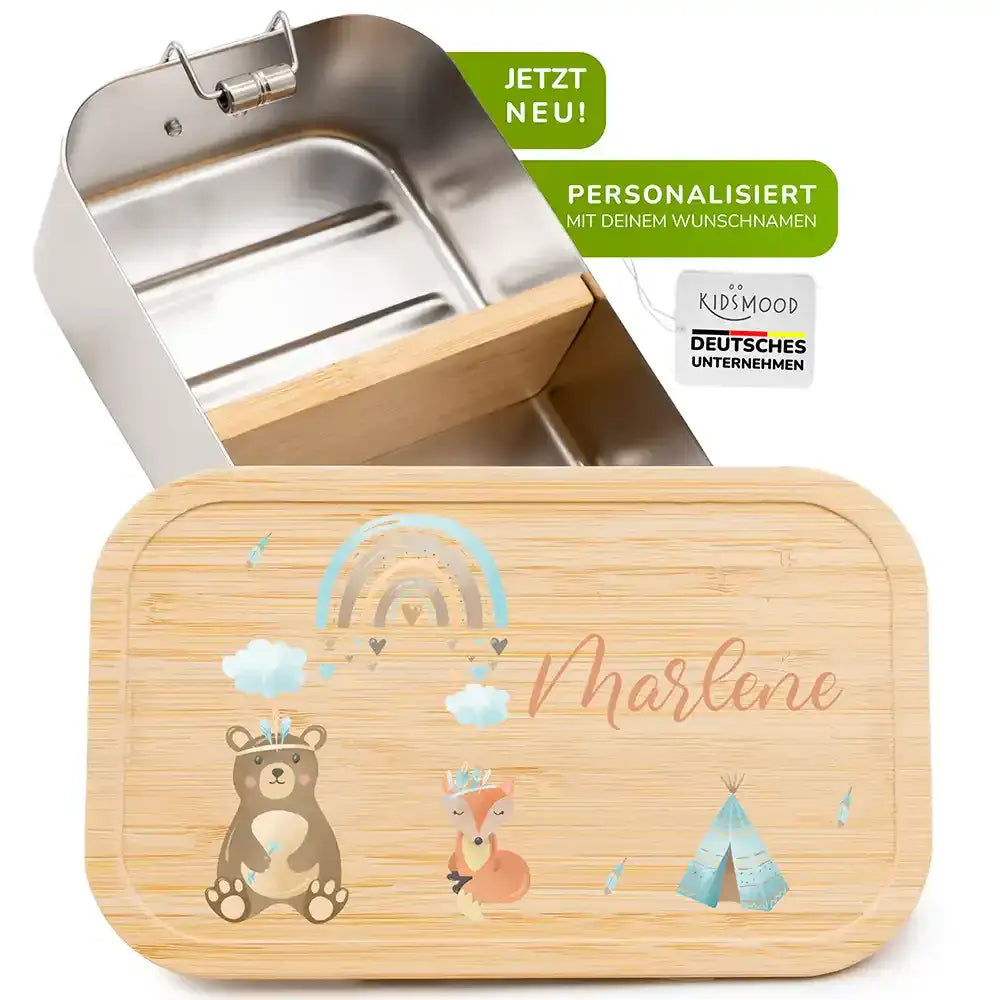 handgefertigte brotdose aus holz mit tipi motiv