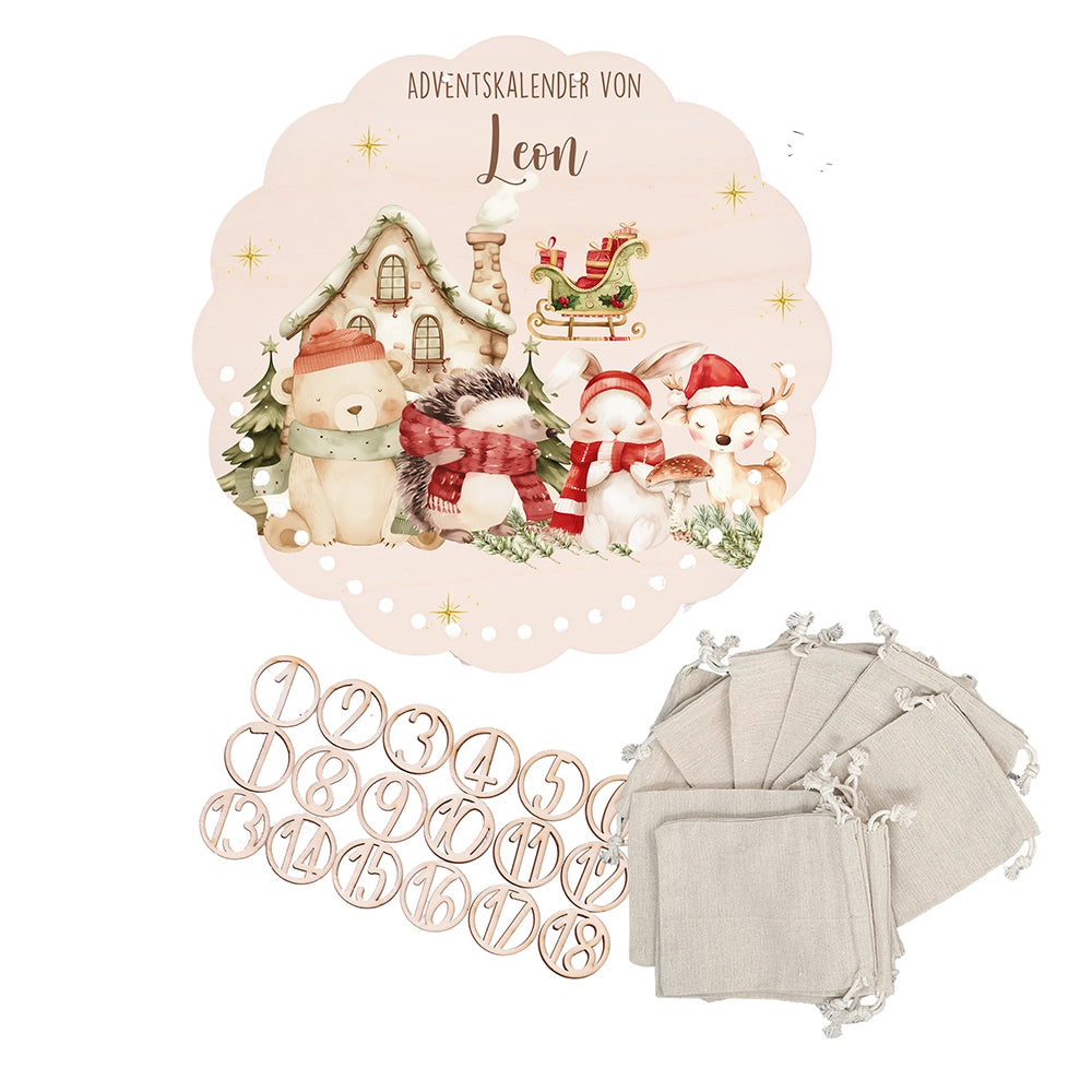 Personalisierter runder Adventskalender Kinder aus Holz  - Waldtiere im Winterzauber
