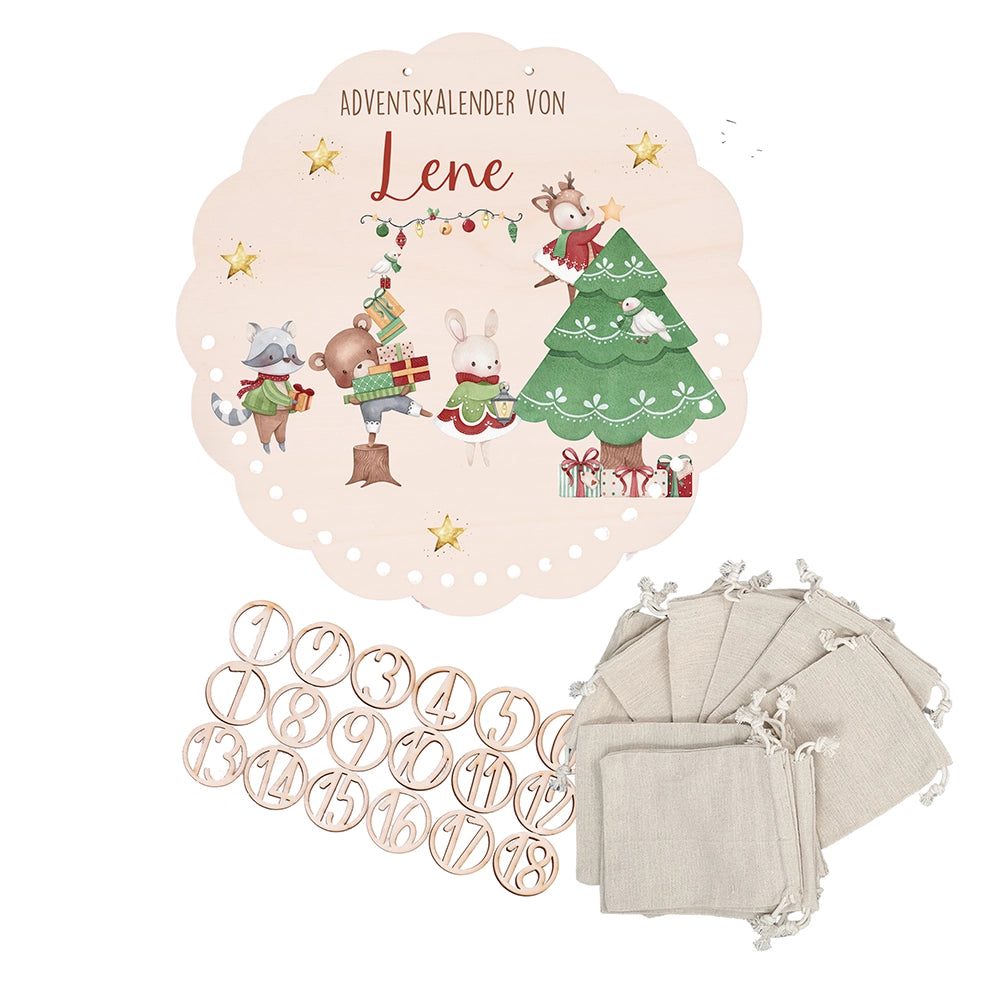 Personalisierter runder Adventskalender Kinder aus Holz  - Festliche Waldszene