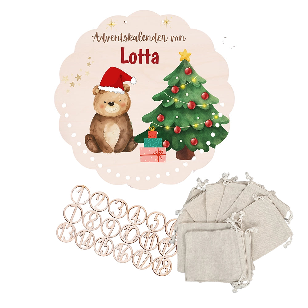 Personalisierter runder Adventskalender Kinder aus Holz  - Weihnachtsbär