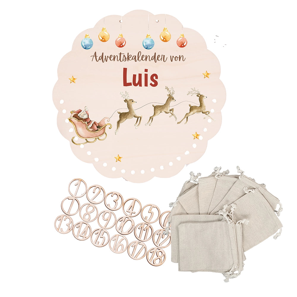 Personalisierter runder Adventskalender Kinder aus Holz  - Rentiere