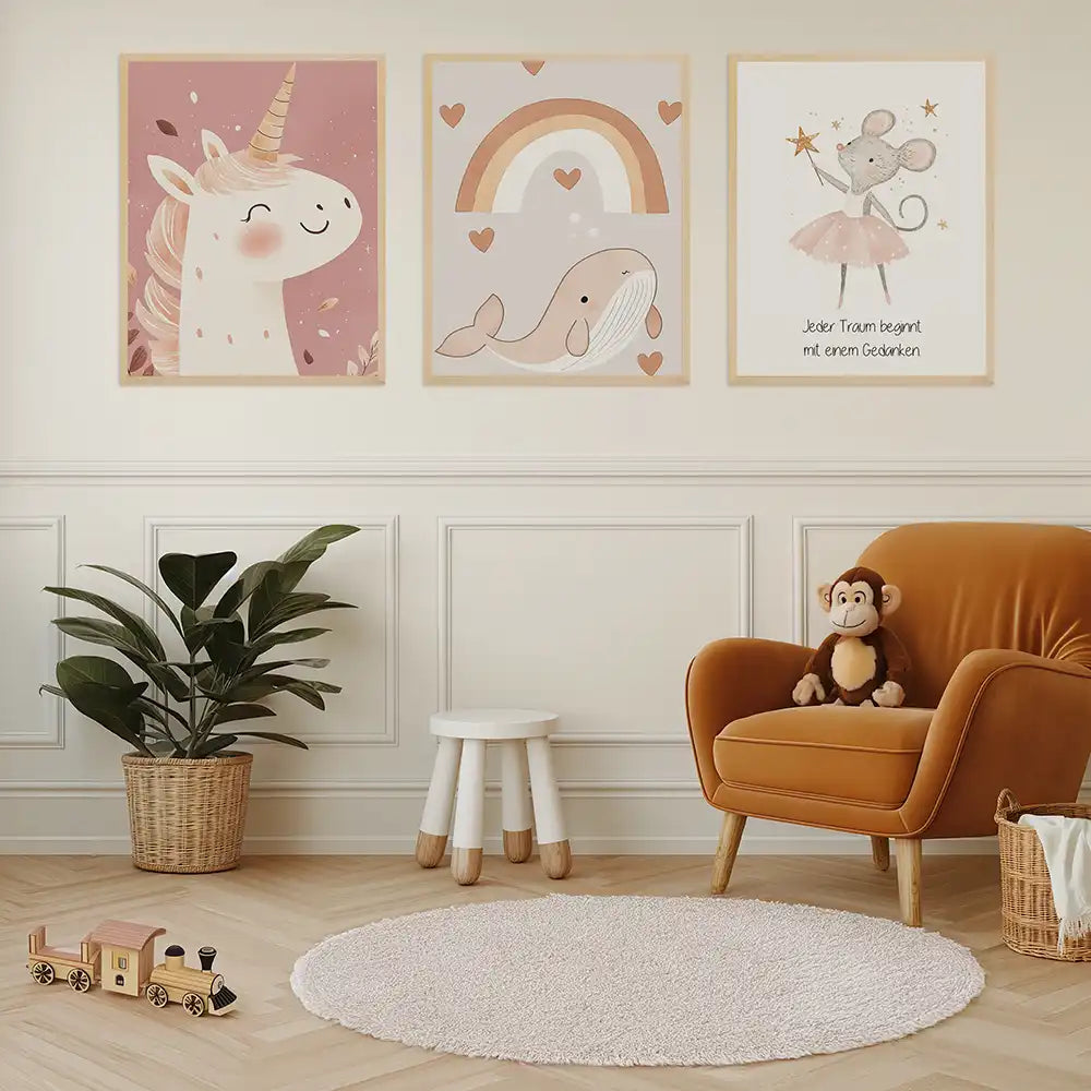 Poster 3er-Set - Einhorn, Wal & Mäuschen fürs Kinderzimmer