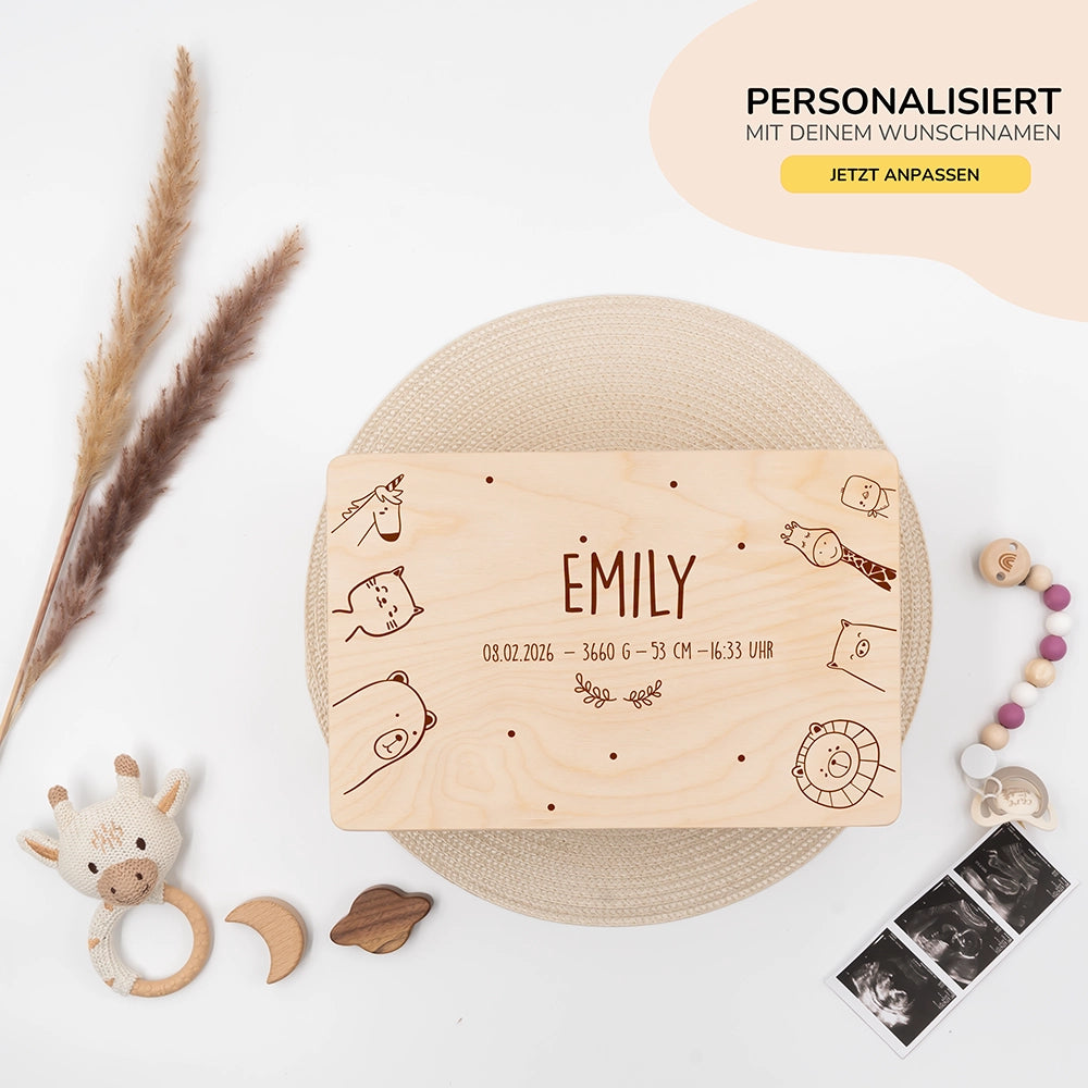 Erinnerungsbox Baby -  fröhliche Tierfamilie