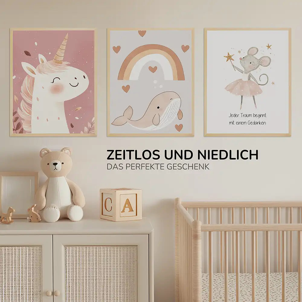 Poster 3er-Set - Einhorn, Wal & Mäuschen fürs Kinderzimmer