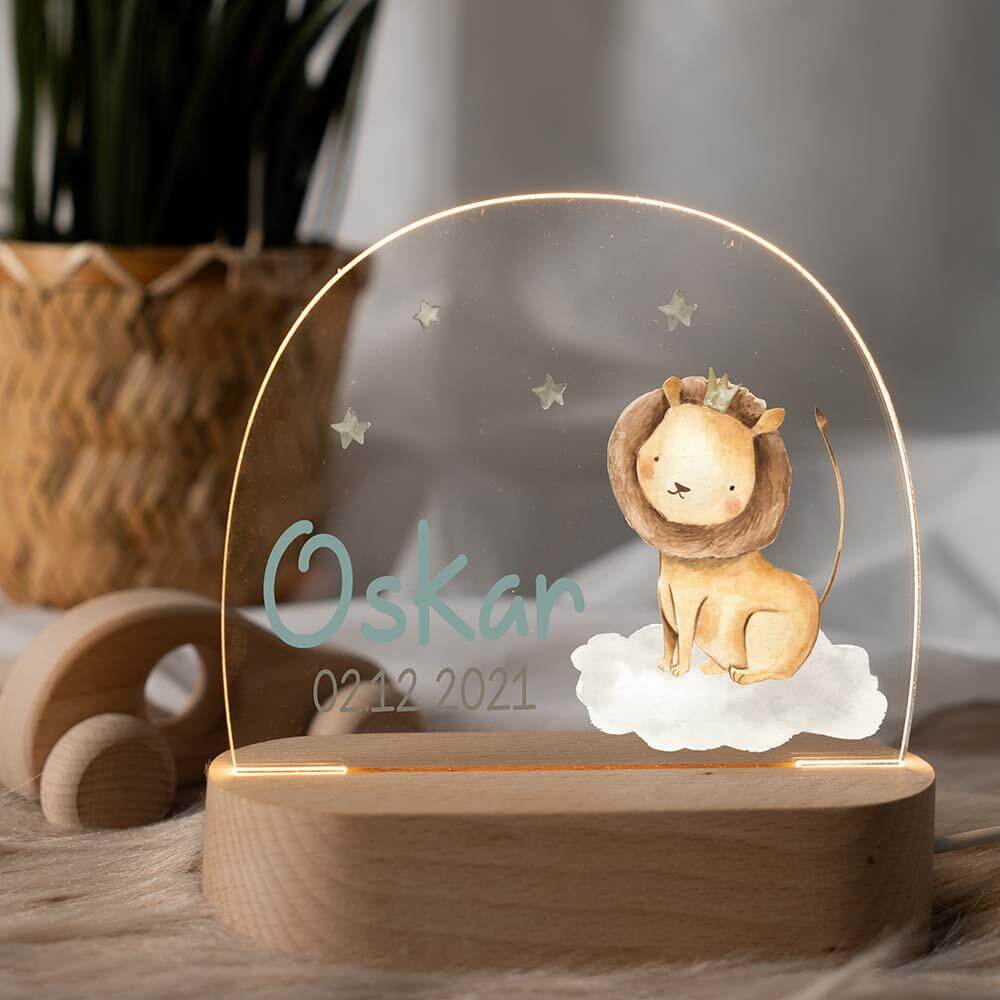 personalized night lamp with baby lion, crown, and stars design
