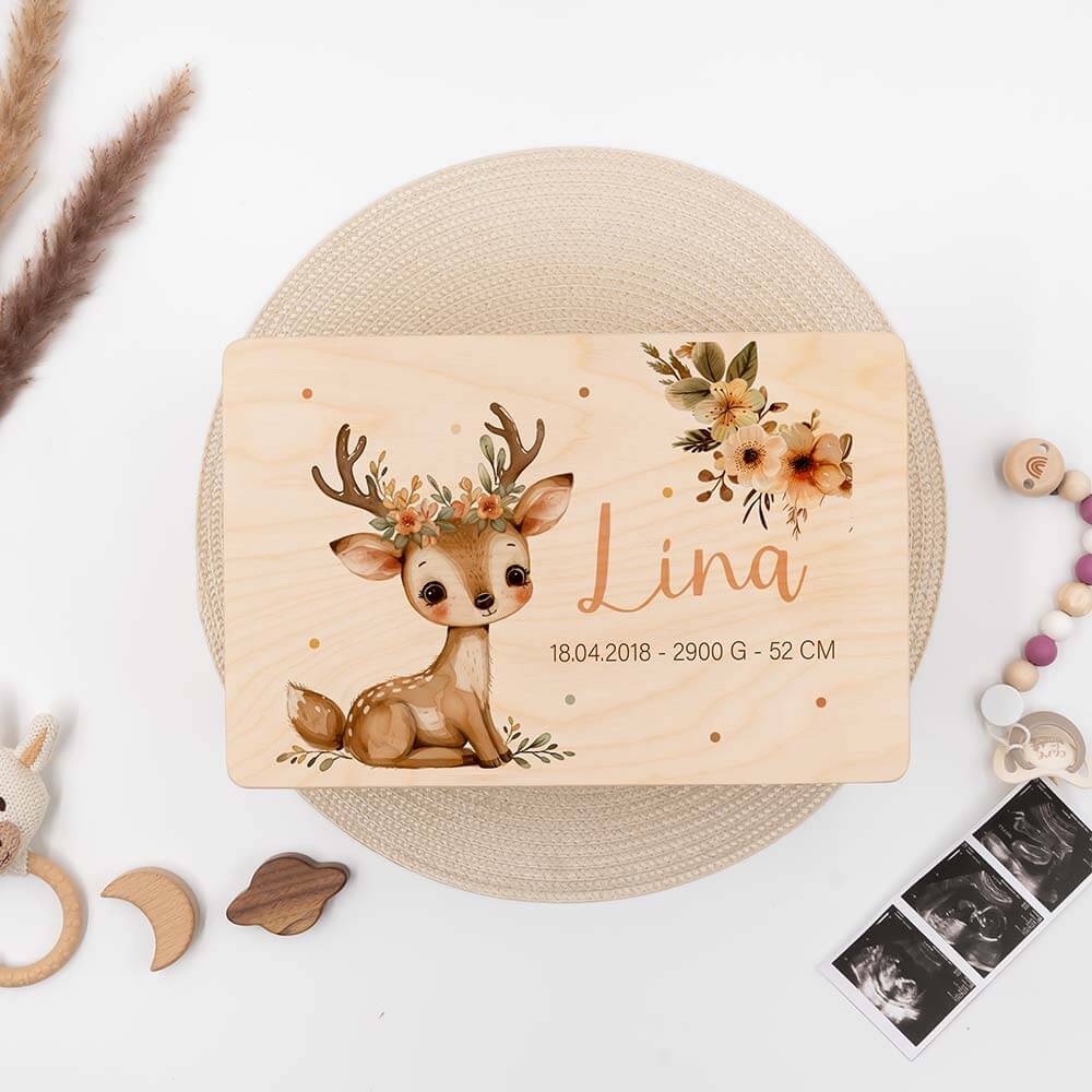 personalisierte erinnerungskiste baby reh design
