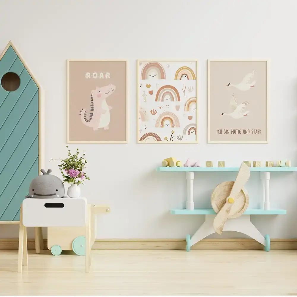 Poster 3er-Set - Dinosaurier, Regenbögen & Vögel fürs Kinderzimmer