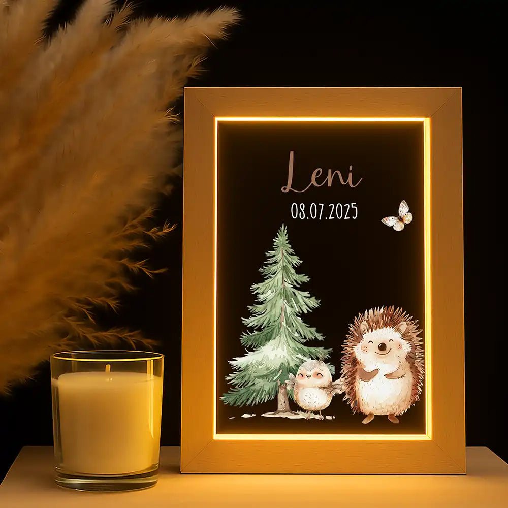 Personalisiertes LED Nachtlicht Bilderrahmen mit Namen - Igel