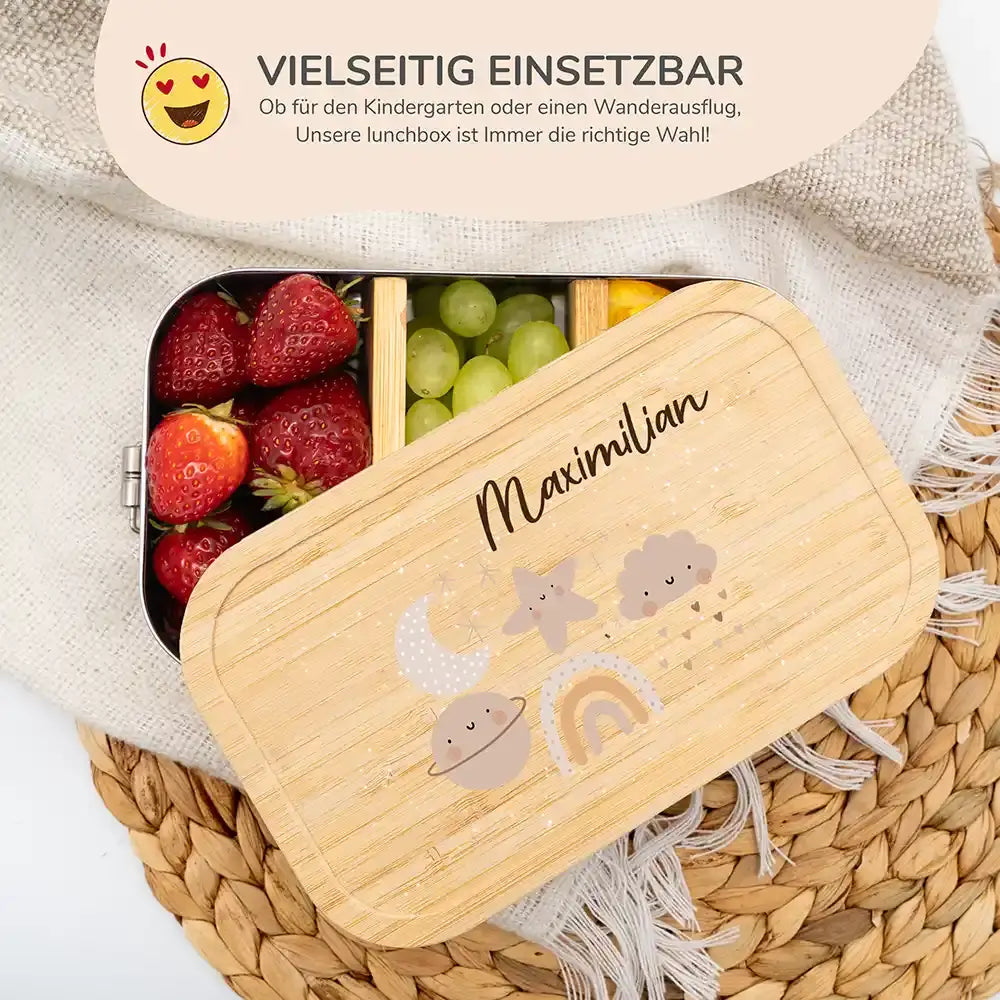 hochwertige brotdose mit mond, wolke, stern und regenbogen personalisiert