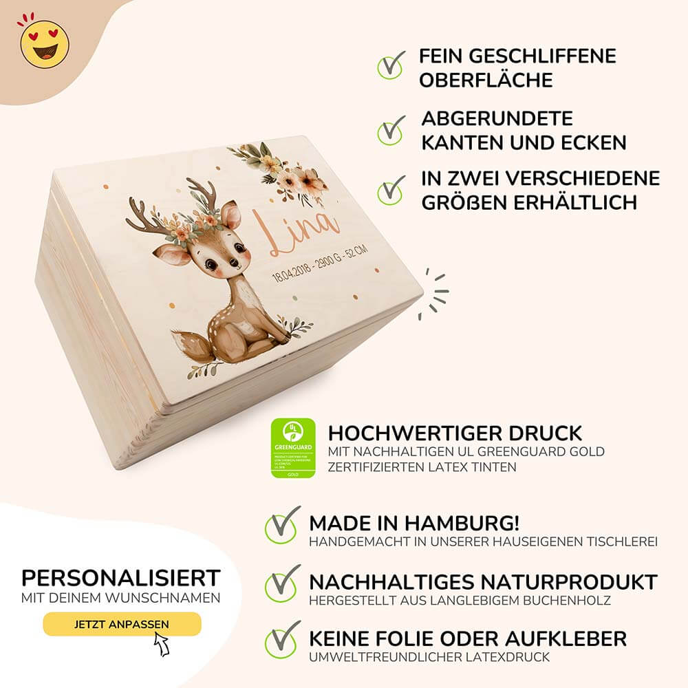 detailansicht der gravierten baby reh erinnerungskiste
