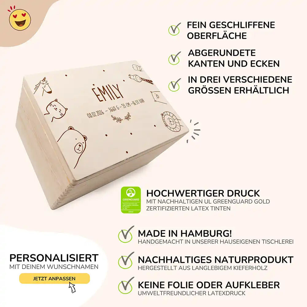 Erinnerungsbox Baby -  fröhliche Tierfamilie
