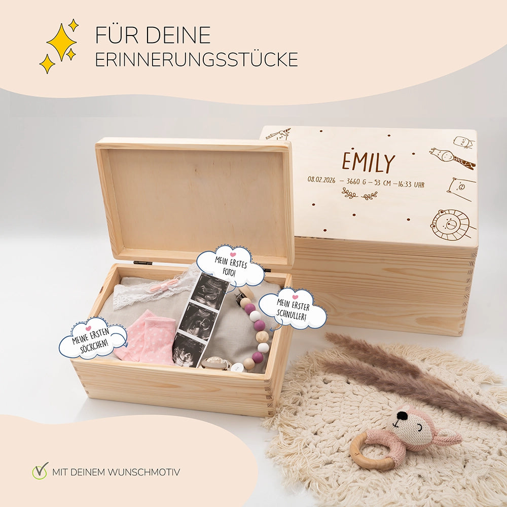 Erinnerungsbox Baby -  fröhliche Tierfamilie
