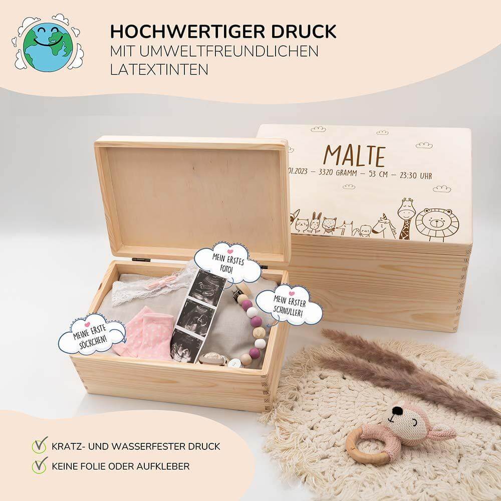 erinnerungskiste mit jungle tierfamilie motiv und individuellem namen