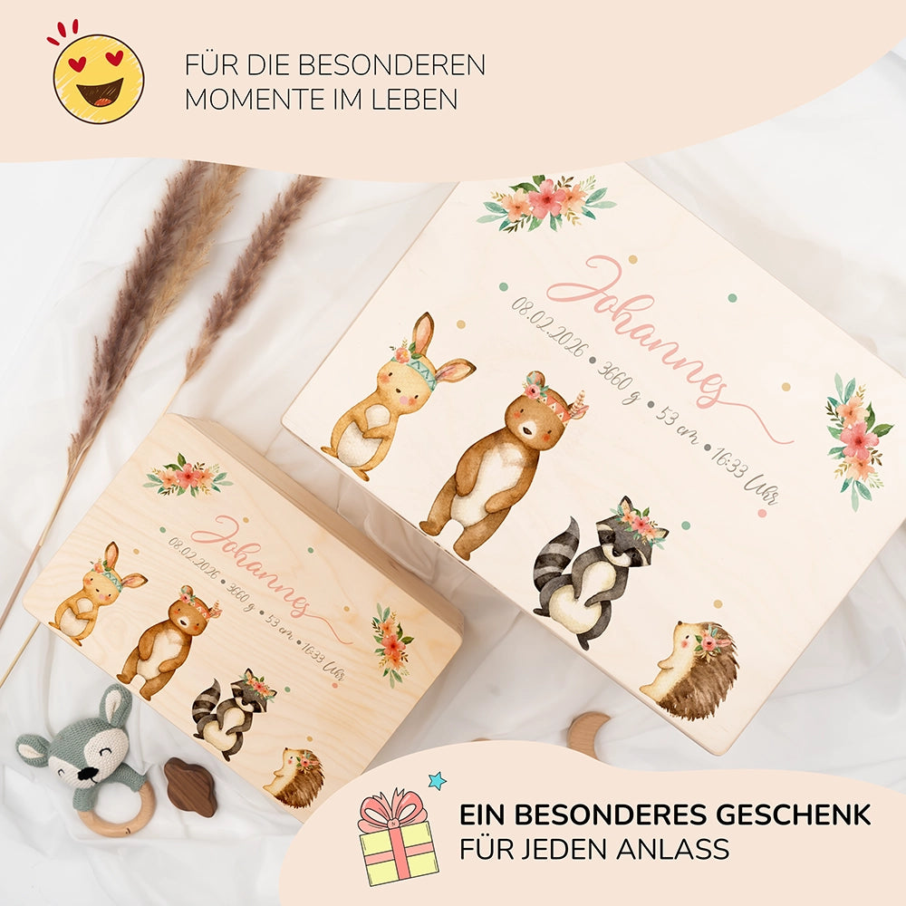 Personalisierte Erinnerungskiste Woodland Tierfamilie