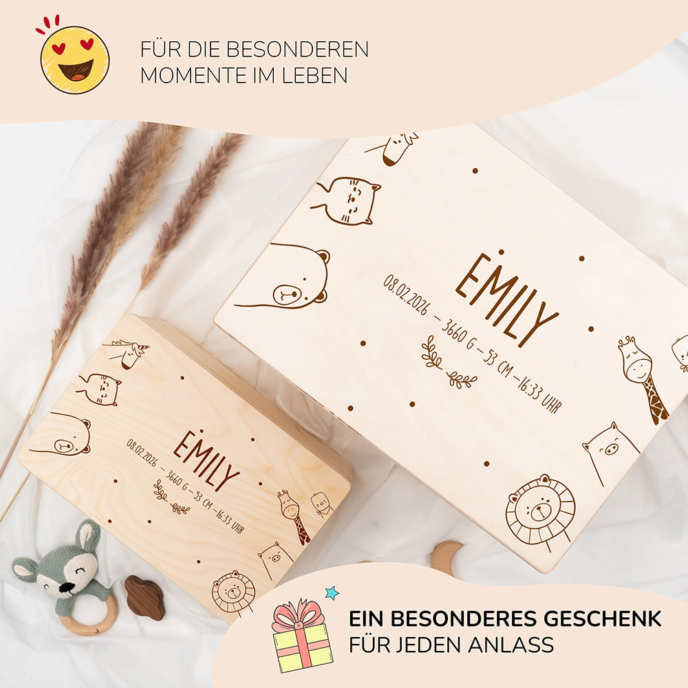 Erinnerungsbox Baby -  fröhliche Tierfamilie