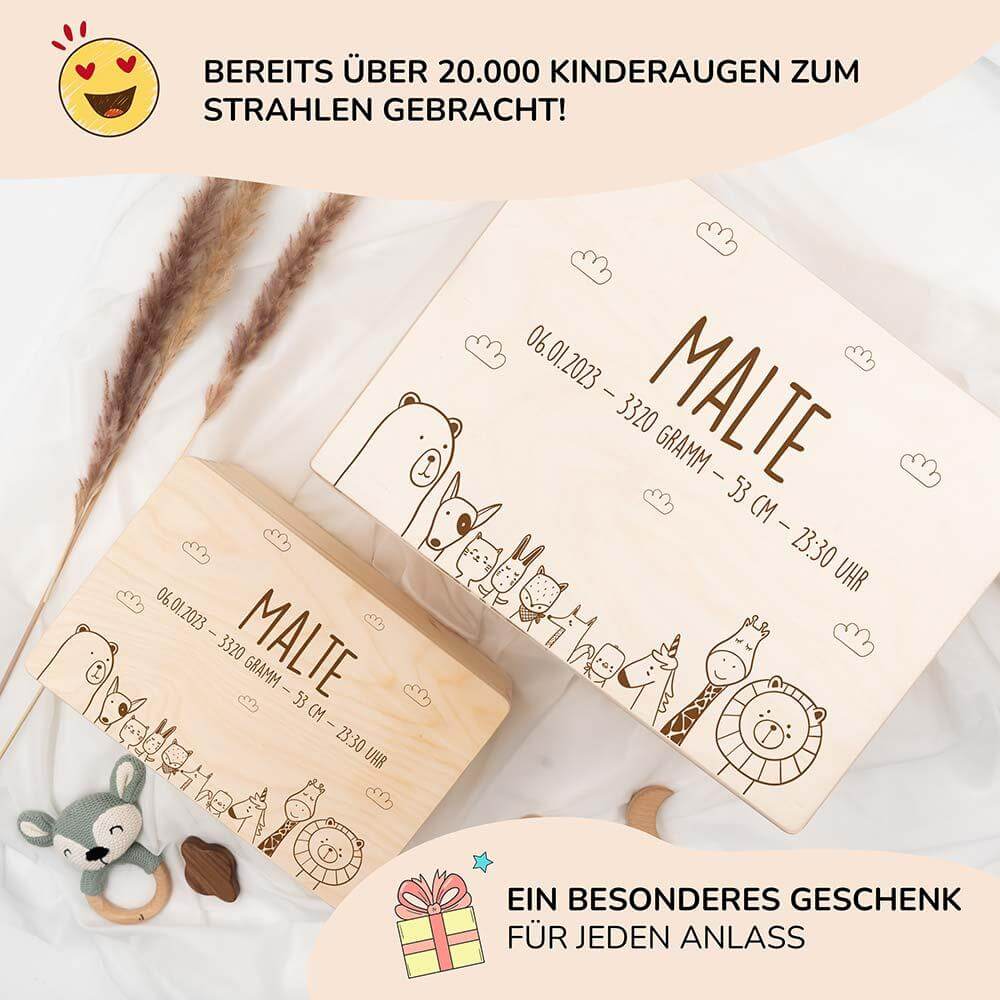hochwertige erinnerungskiste mit jungle tierfamilie personalisiert