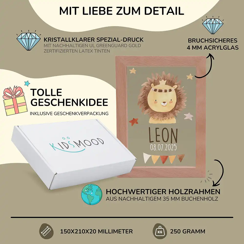 Personalisiertes LED Nachtlicht Bilderrahmen mit Namen - Löwe mit Kranz