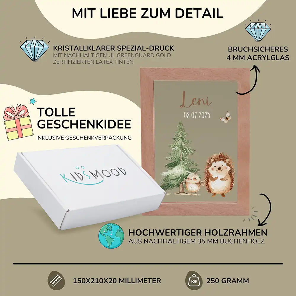 Personalisiertes LED Nachtlicht Bilderrahmen mit Namen - Igel