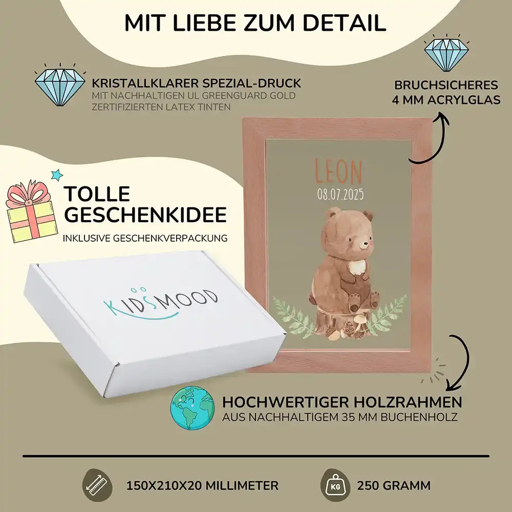 Personalisiertes LED Nachtlicht Bilderrahmen mit Namen - Bär