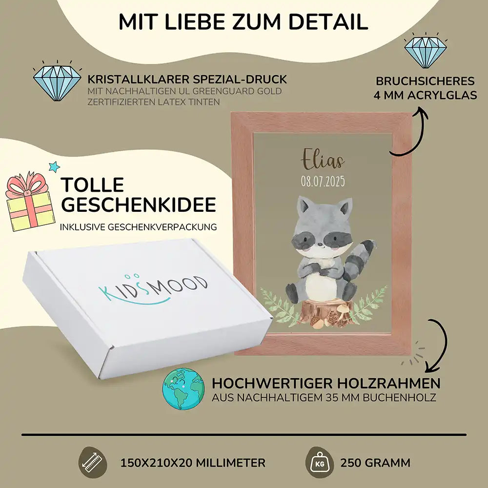 Personalisiertes LED Nachtlicht Bilderrahmen mit Namen - Waschbär im Wald