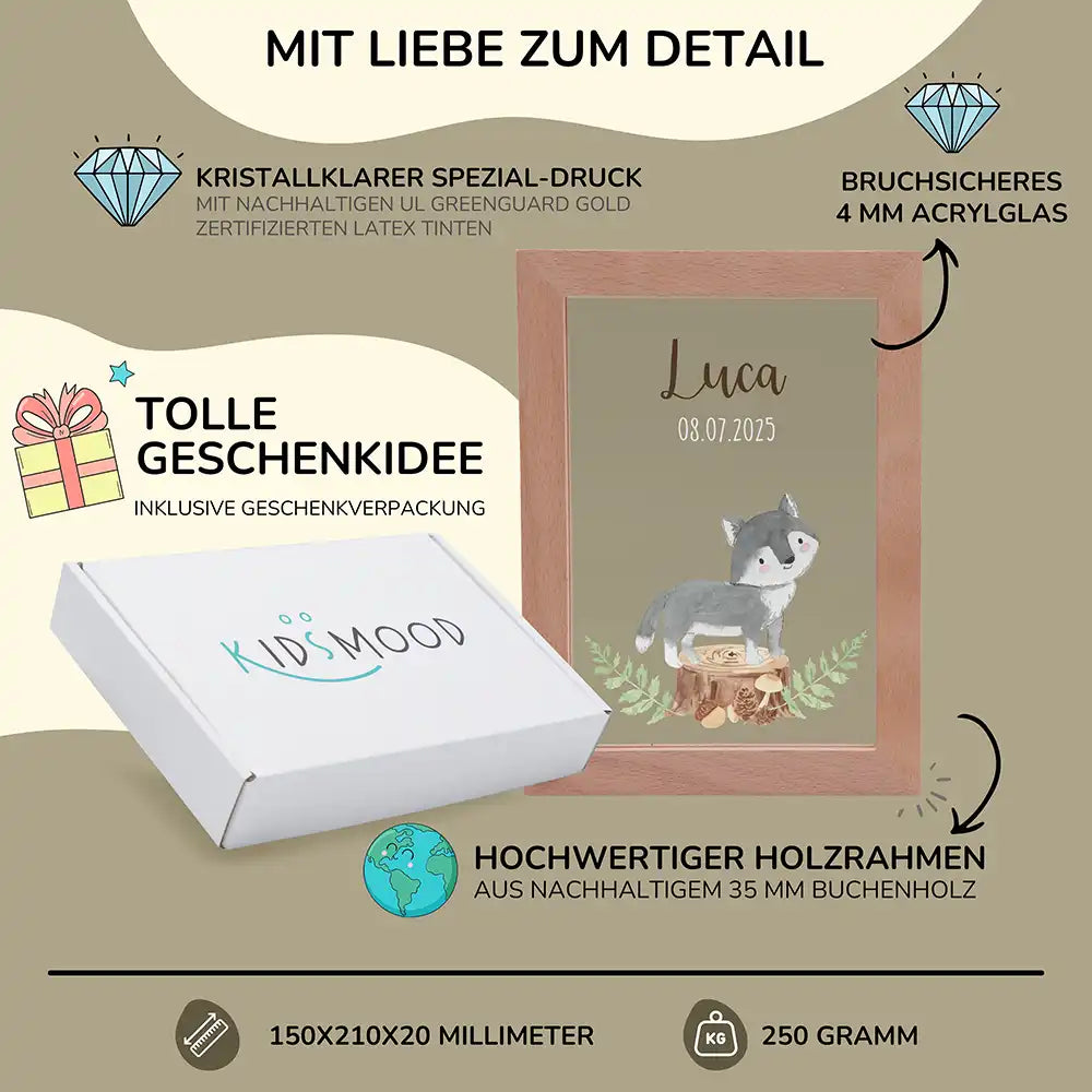 Personalisiertes LED Nachtlicht Bilderrahmen mit Namen - Waschbär