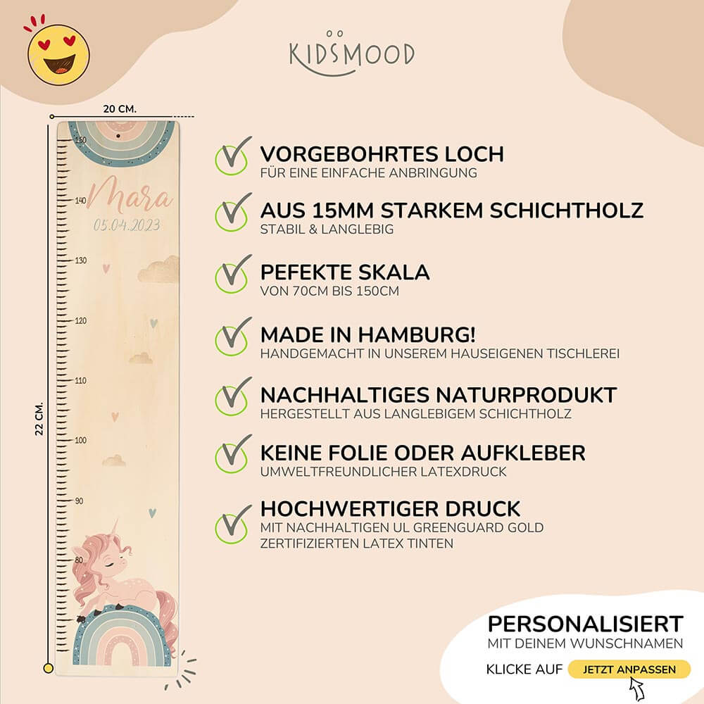Messlatte Kinder Holz & Aluverbund - Einhorn