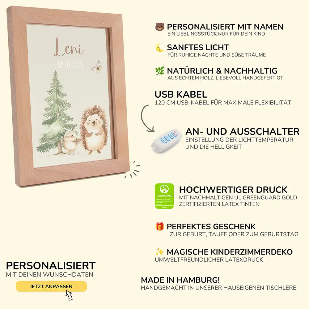 Personalisiertes LED Nachtlicht Bilderrahmen mit Namen - Igel