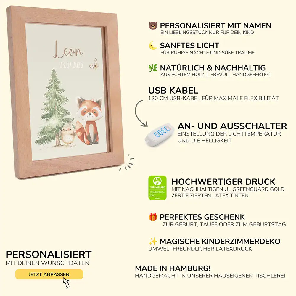 Personalisiertes LED Nachtlicht Bilderrahmen mit Namen - Fuchs