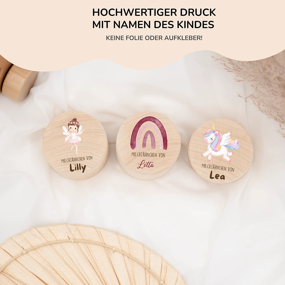 Zahndose Milchzähne personalisiert - Holz Zahnbox mit Wunschnamen - Regenbogen Motiv