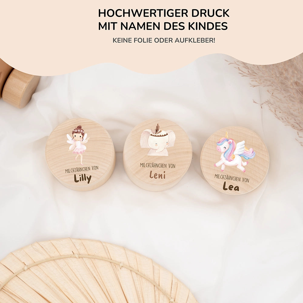 Zahndose Milchzähne personalisiert - Holz Zahnbox mit Wunschnamen - Elefant mit Kranz Motiv
