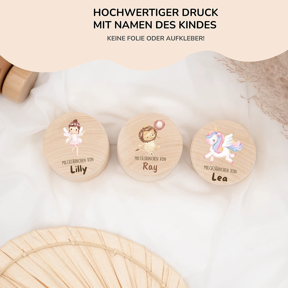 Zahndose Milchzähne personalisiert - Holz Zahnbox mit Wunschnamen - Tiger mit Ballon