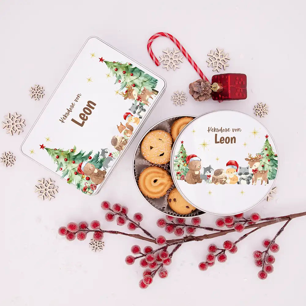 Keksdose aus Metal personalisiert - Weihnachtliche Waldtiere