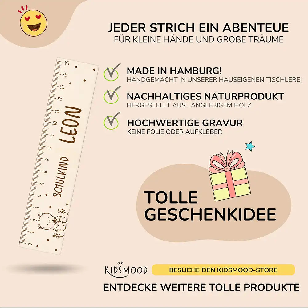 detailansicht des gravierten bär motivs auf dem holzlineal