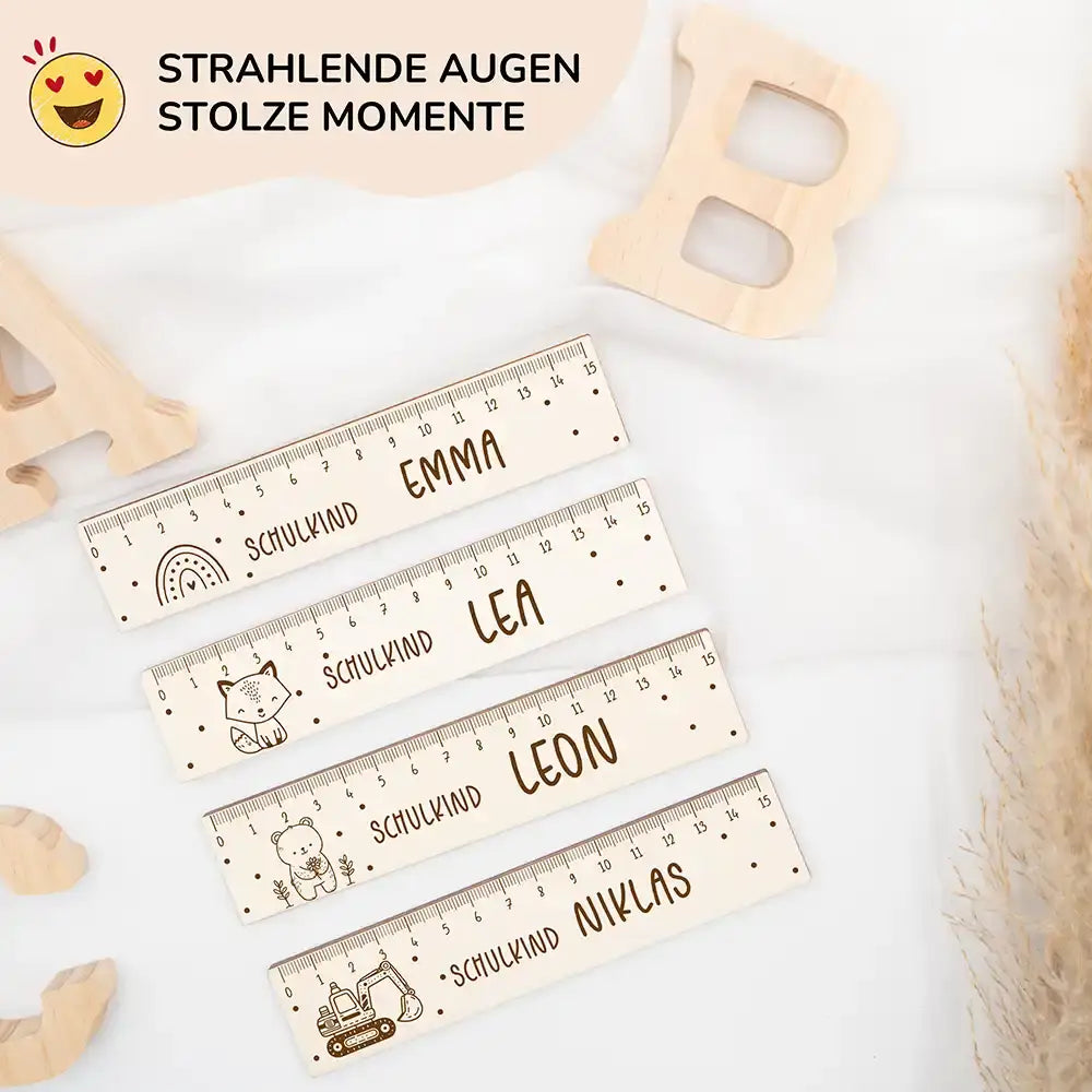 holzlineal mit graviertem fuchs und individuellem namen