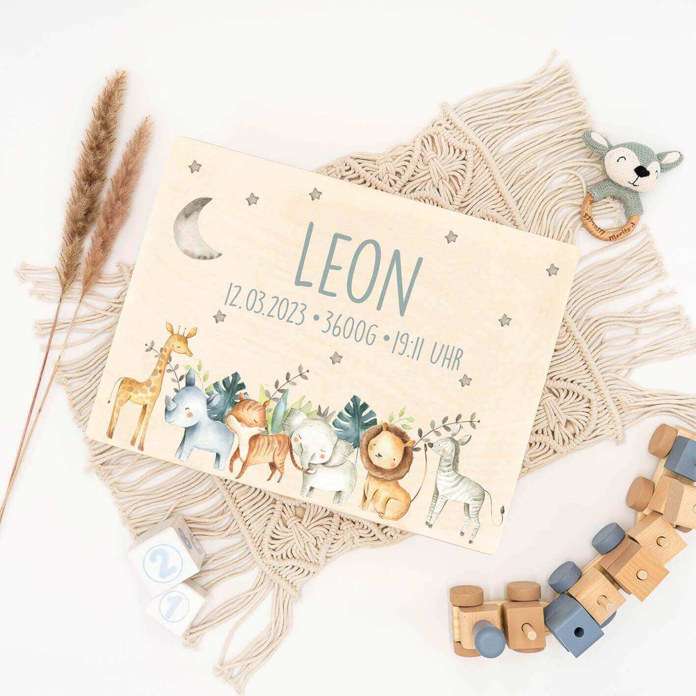 "personalized memory box with jungle animals design
